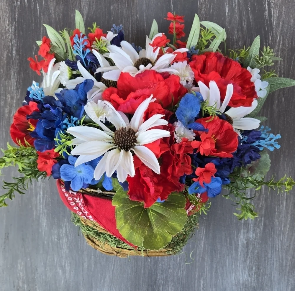 Handmade Patriotic Floral Basket Door Hanger Wreath 4th Of July Summer Wreath